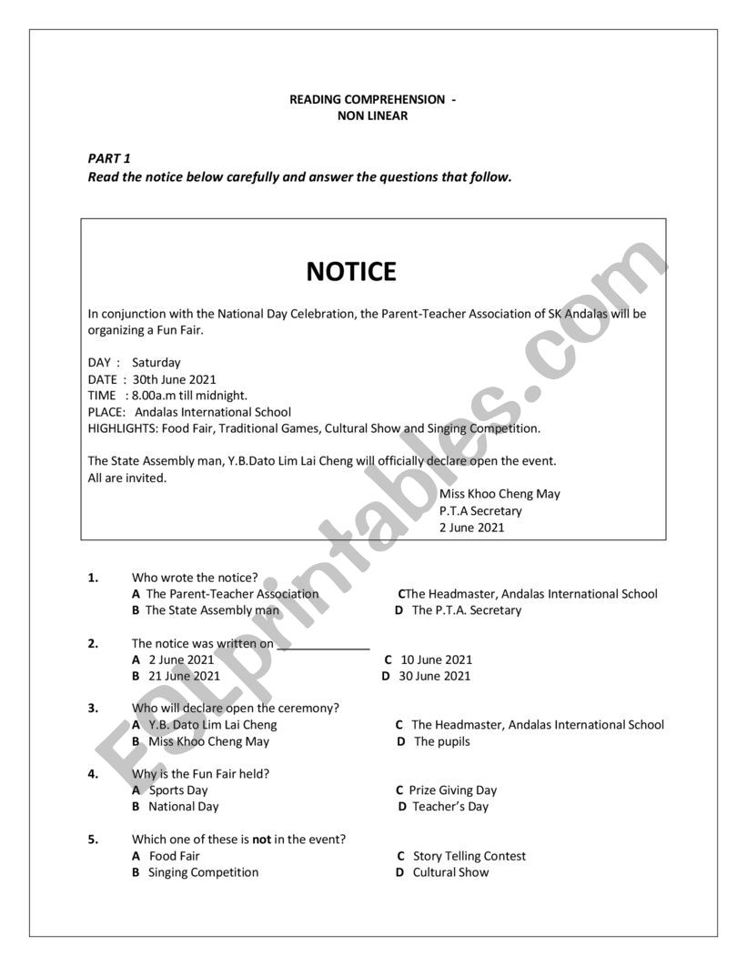  MULTIPLE CHOICE PRACTICE ON READING COMPREHENSION ESL worksheet By Azizi