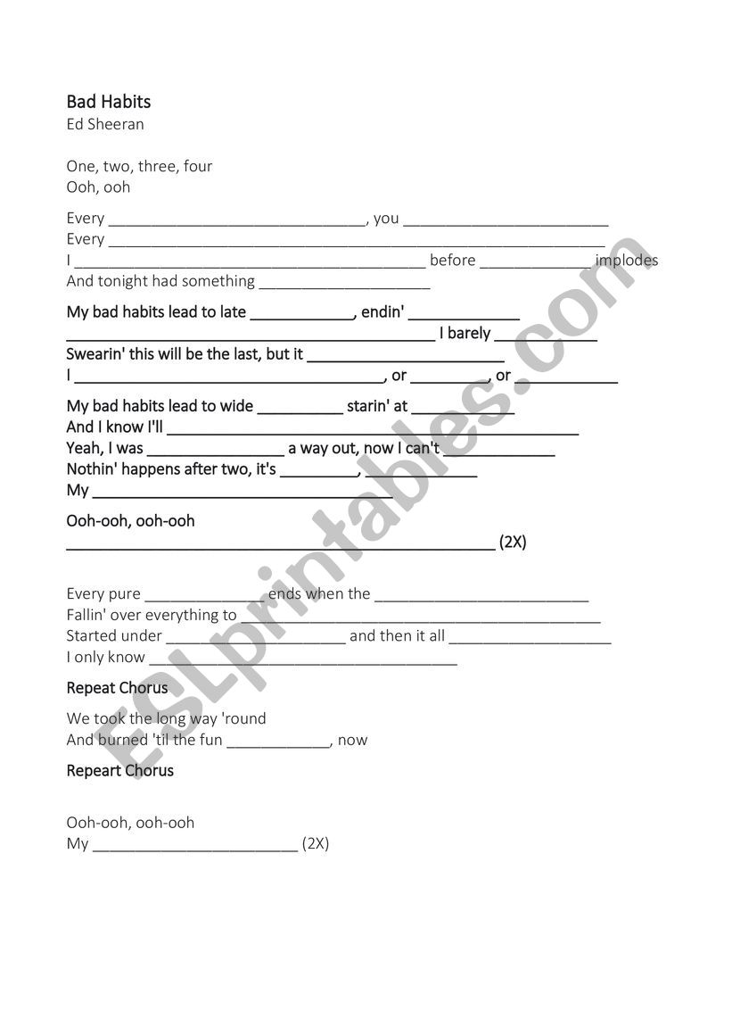 Bad Habits - Ed Sheeran worksheet