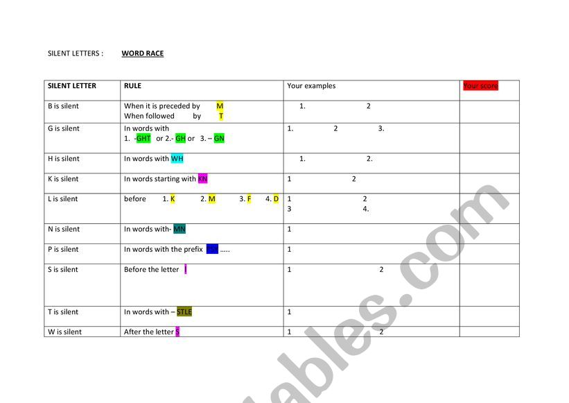 Silent letters race worksheet