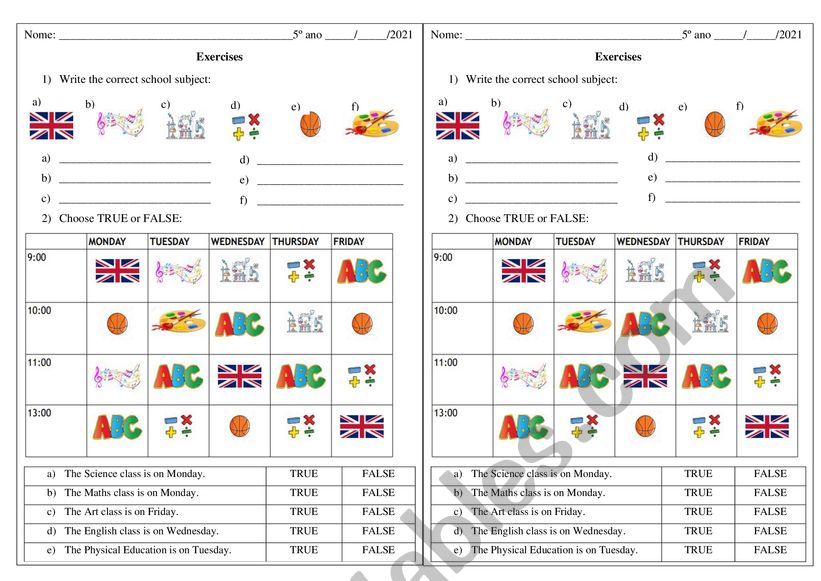 School Subjects Activities worksheet