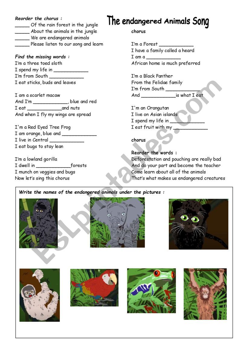 The endangered animals song worksheet