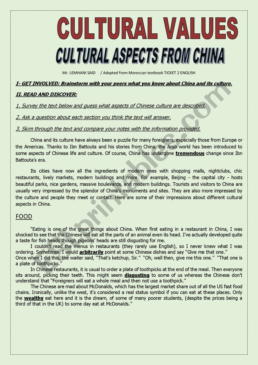 CHINESE CULTURAL VALUES worksheet