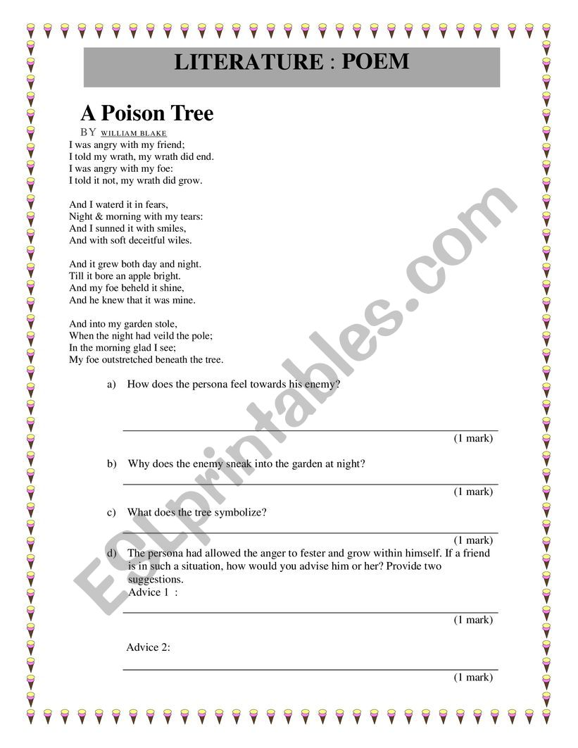 POISON TREE  worksheet