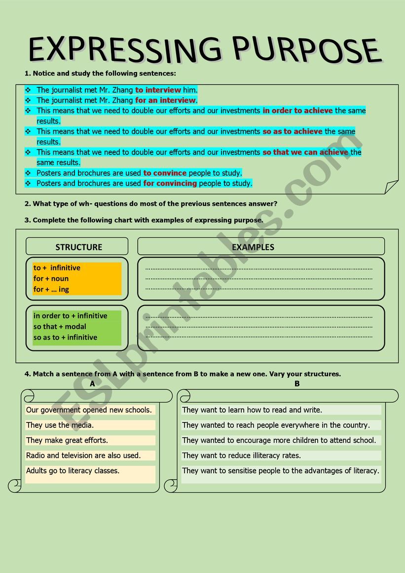 EXPRESSING PURPOSE worksheet