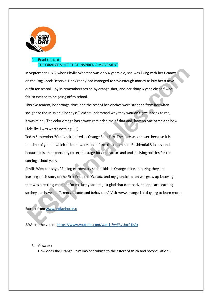 Orange Shirt Day in Canada worksheet