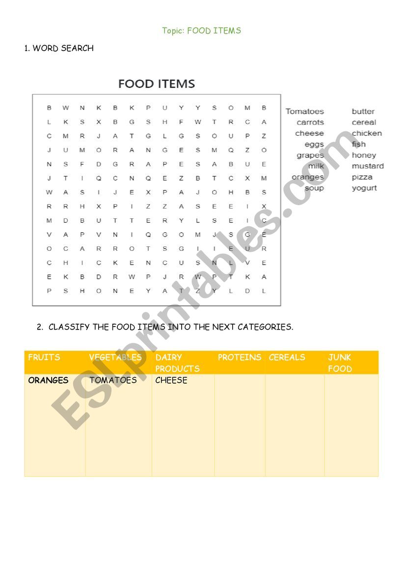 FOOD worksheet