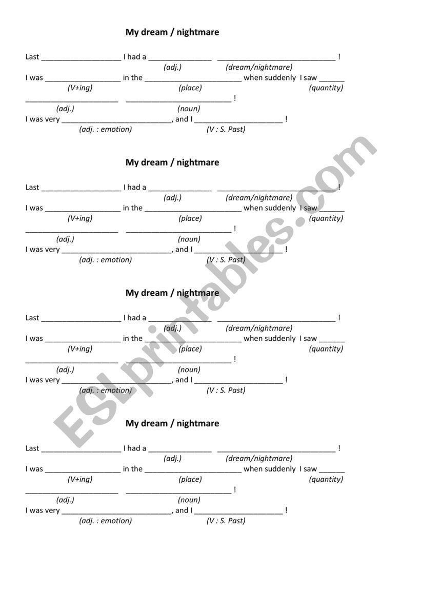 My dream or nightmare worksheet