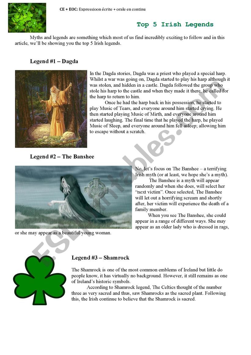 TOP 5 IRISH LEGENDS  worksheet
