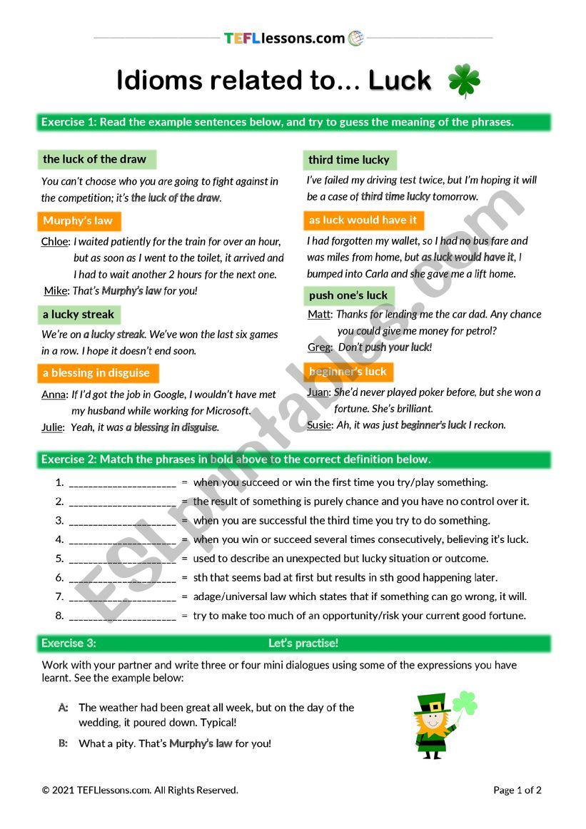 Idioms related to Luck worksheet