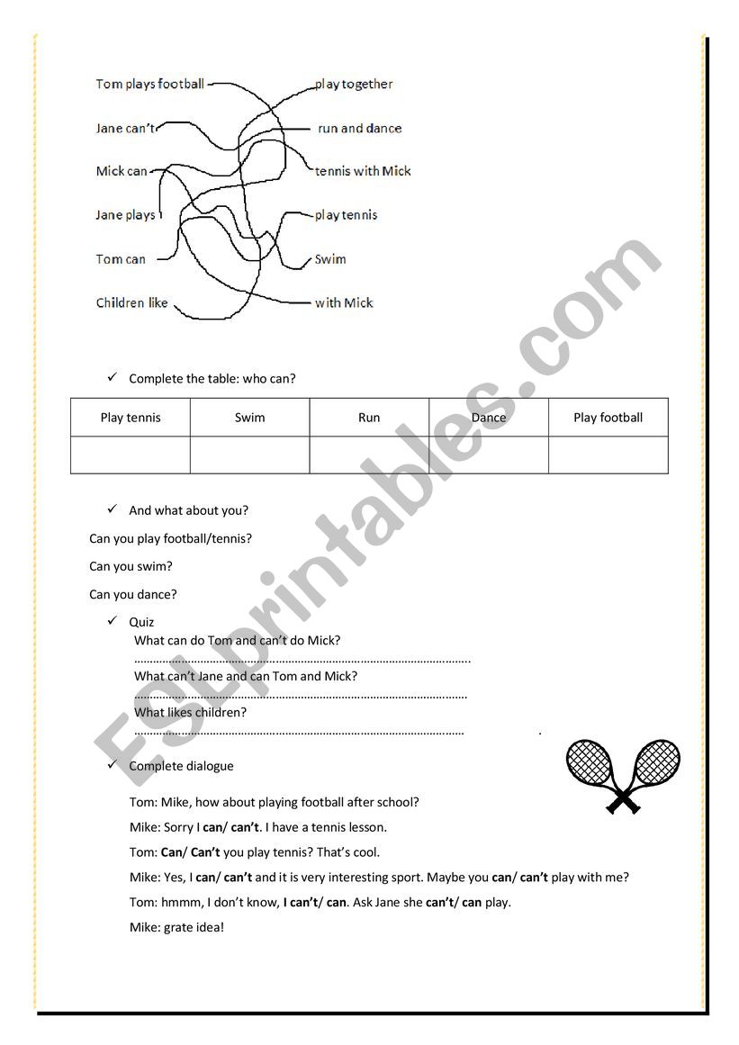 Sport can can�t worksheet