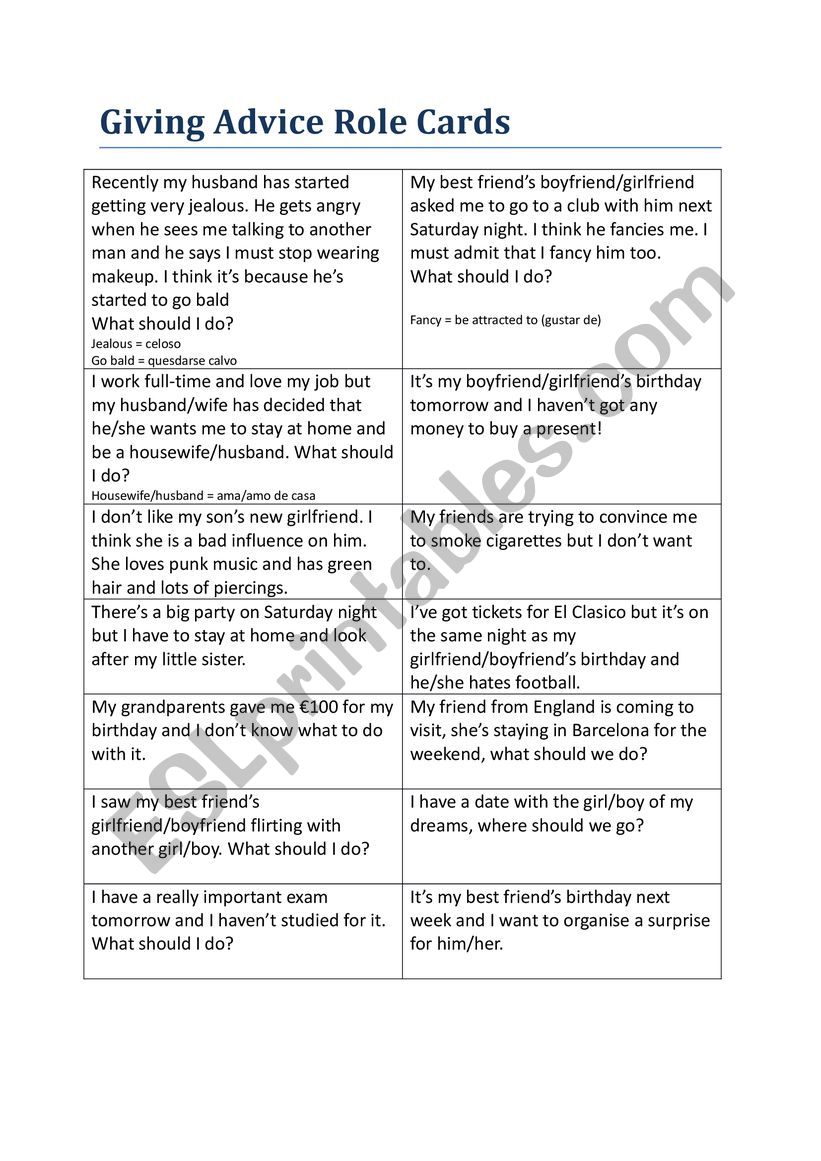 Giving Advice worksheet
