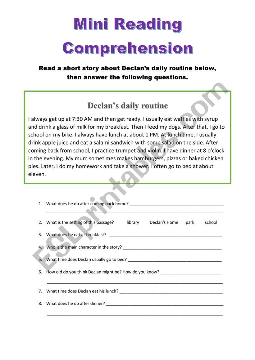 Mini Reading Comprehension (Declans daily routine)