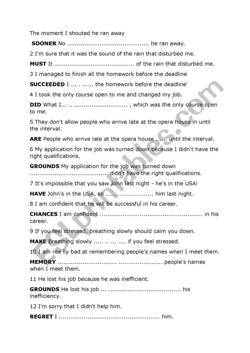 CAE KEY WORD TRANSFORMATIONS worksheet