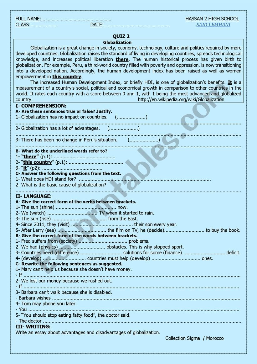 Globalization worksheet