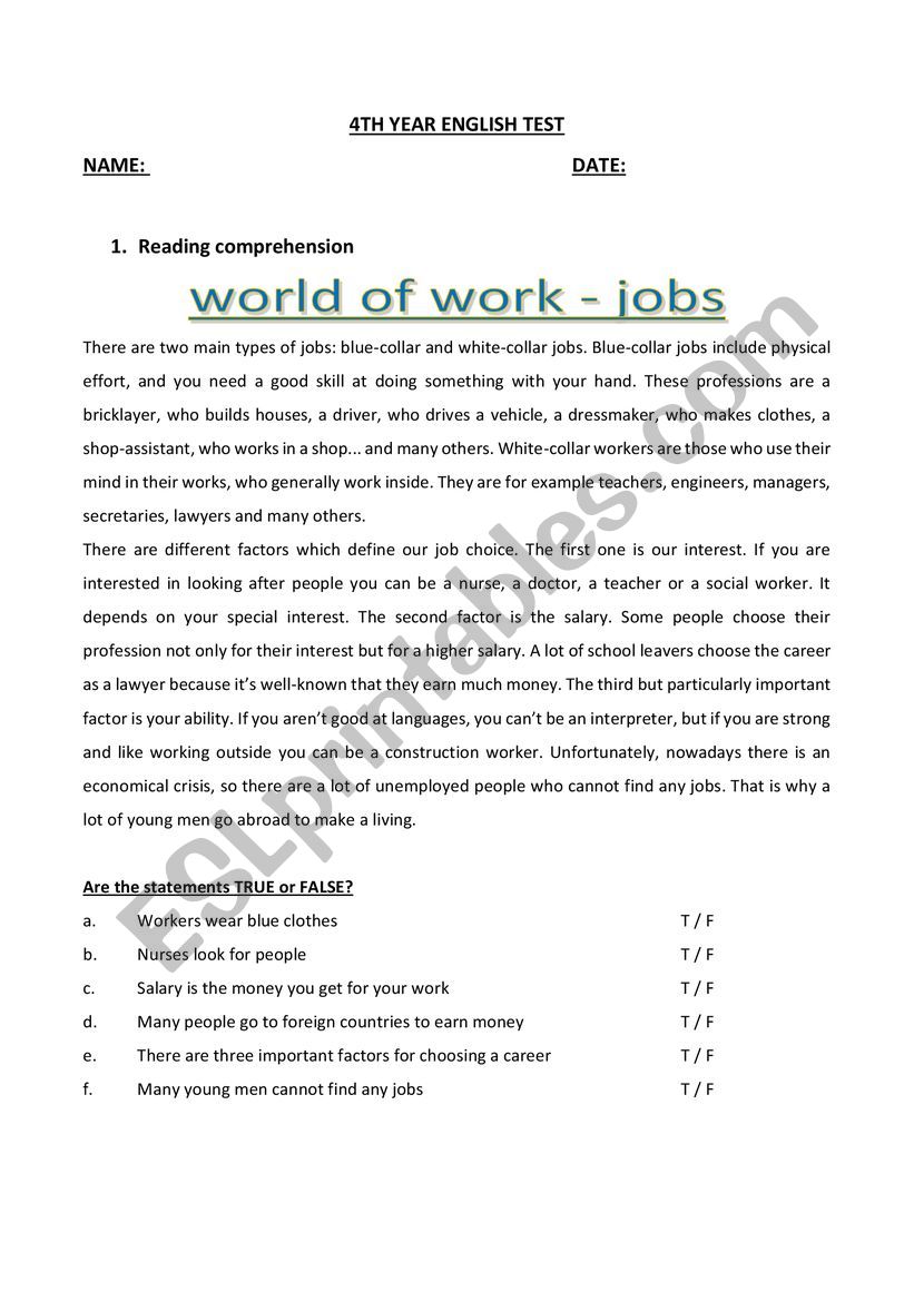 4th year test worksheet