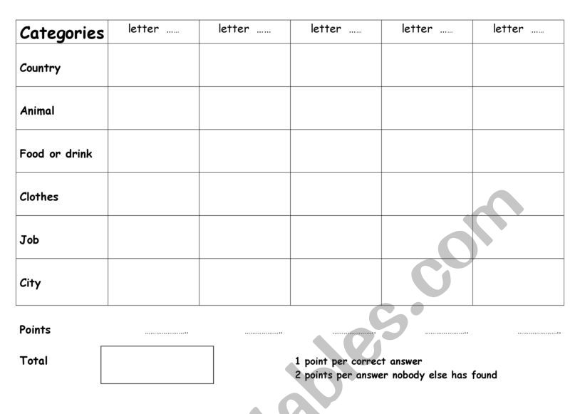 Categories Game worksheet