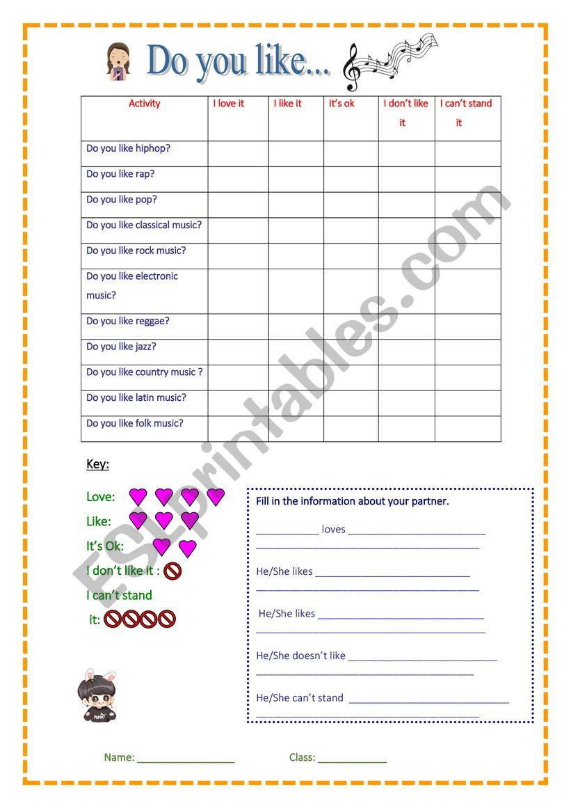 What do you like?  worksheet