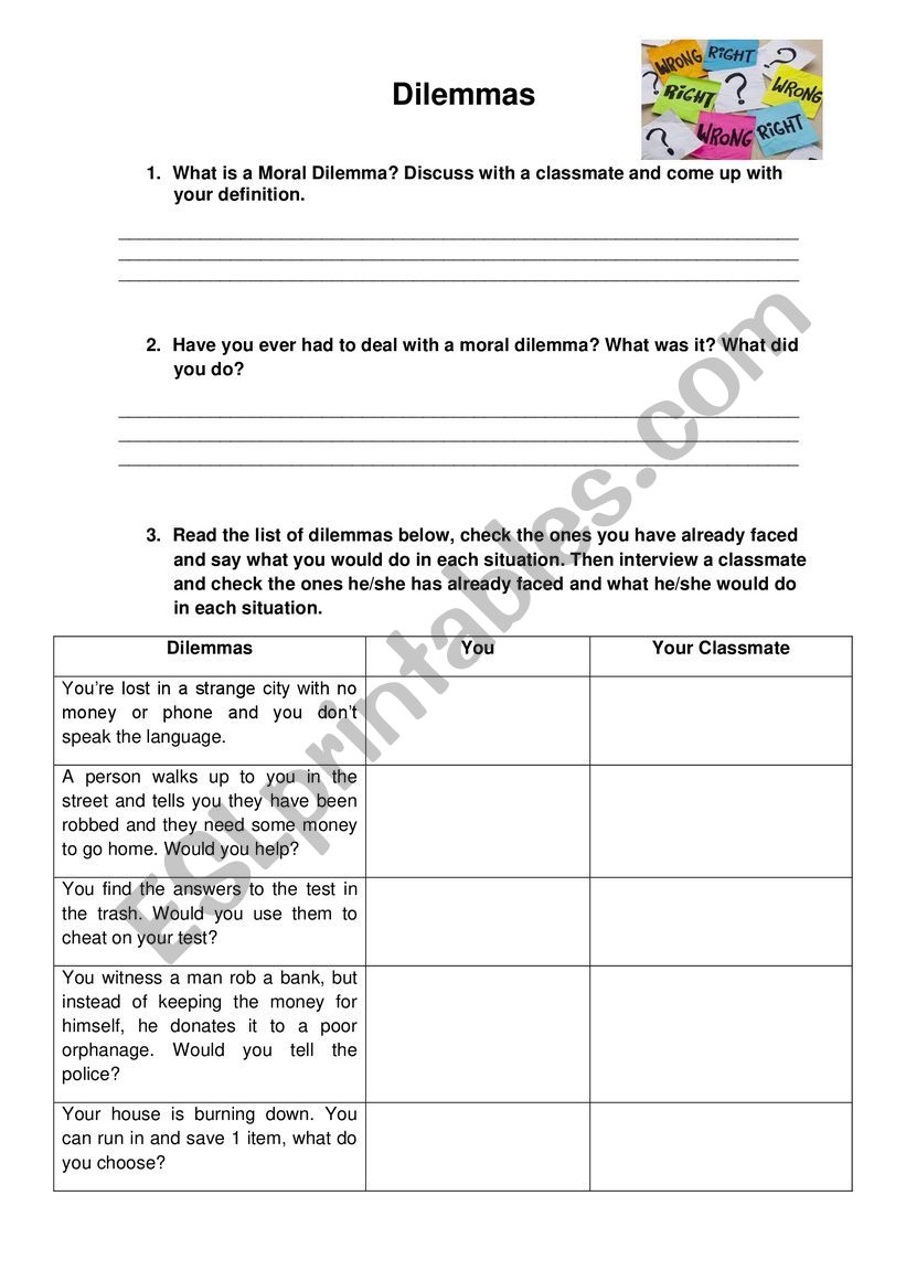 Dilemmas worksheet