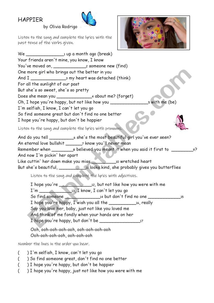 Happier by Olivia Rodrigo worksheet