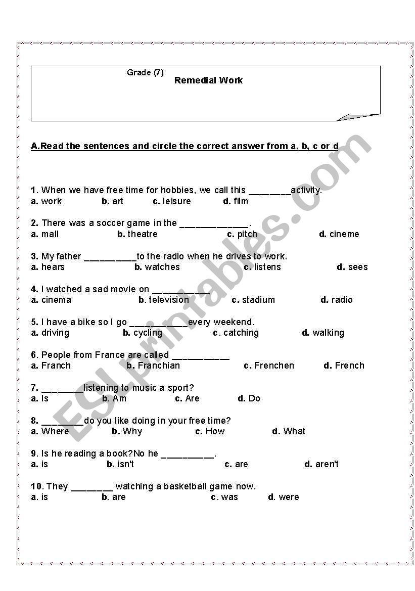 remedial activities worksheet