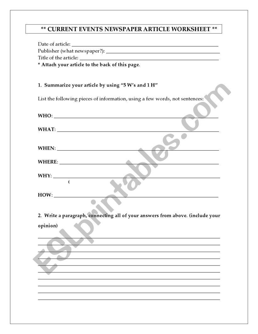 Newspaper Worksheet worksheet