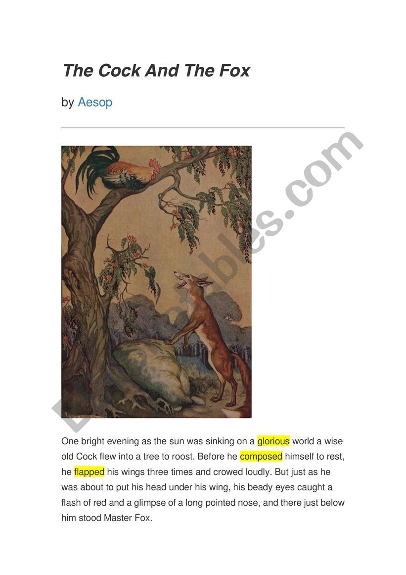 Reading exercise with Aesop�s FableThe Cock and The Fox
