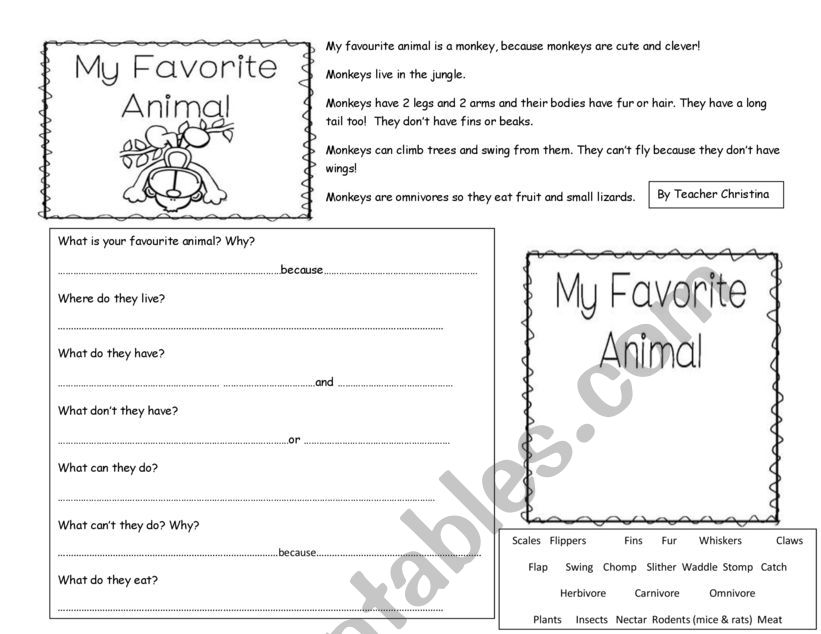 My favourite animal: writing practice - ESL worksheet by Teacher Christina