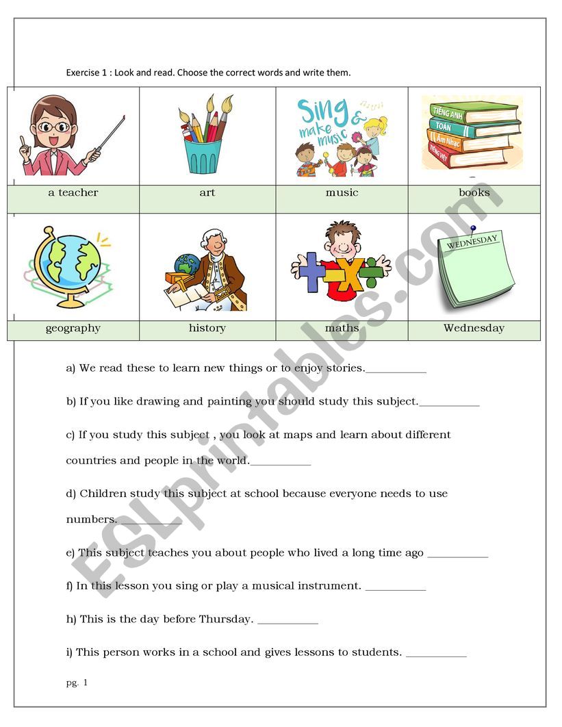 subject worksheet