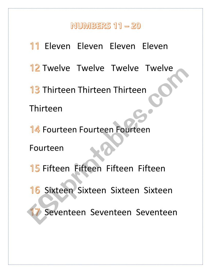 Numbers 11-20 worksheet