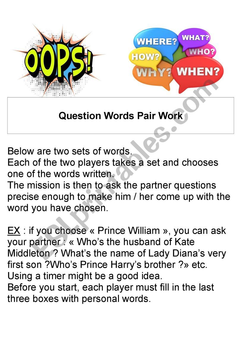 A Funny Question Words Pair Work - ESL worksheet by PAULD1967