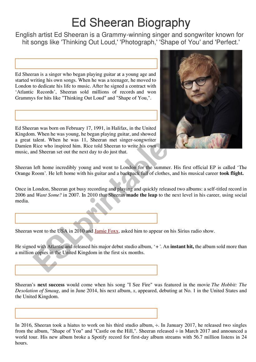 Ed Sheeran Biography worksheet