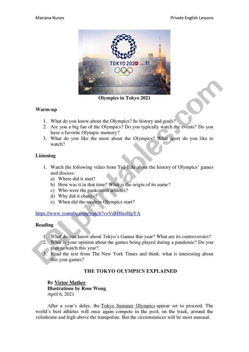 Olympics games Tokyo 2021 worksheet