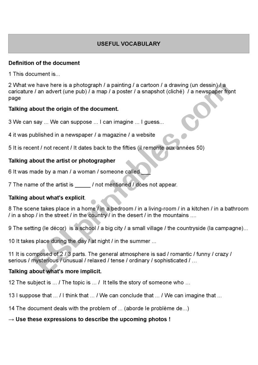 Analyzing photographs worksheet