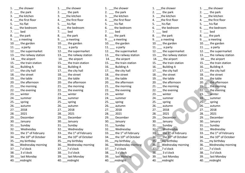 Prepositions IN, ON, AT (time and place)