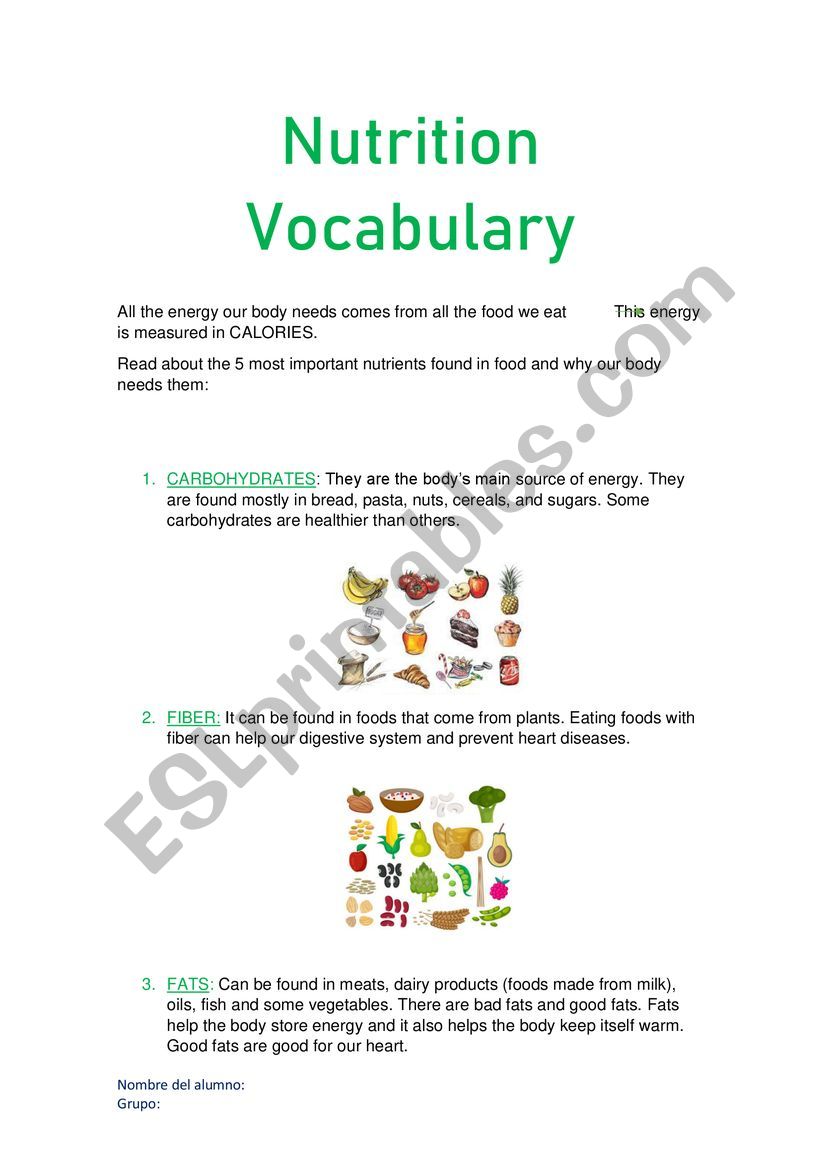 Nutrients worksheet