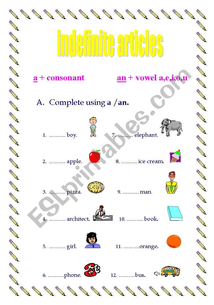 indefinite articles worksheet