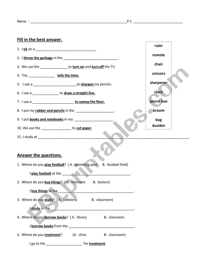 Classroom objects worksheet