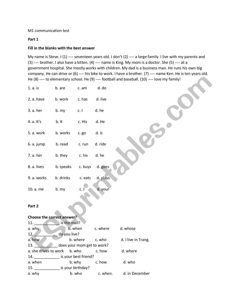 communication test worksheet