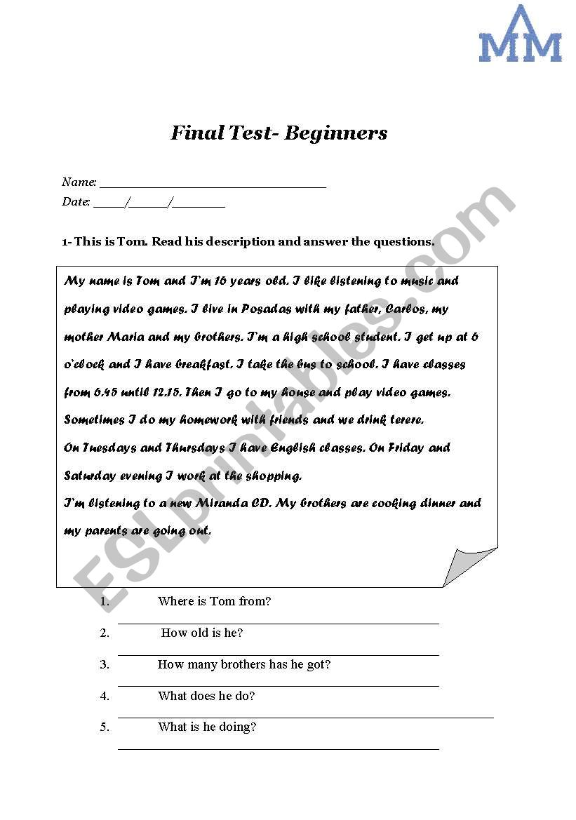 Test for beginners worksheet