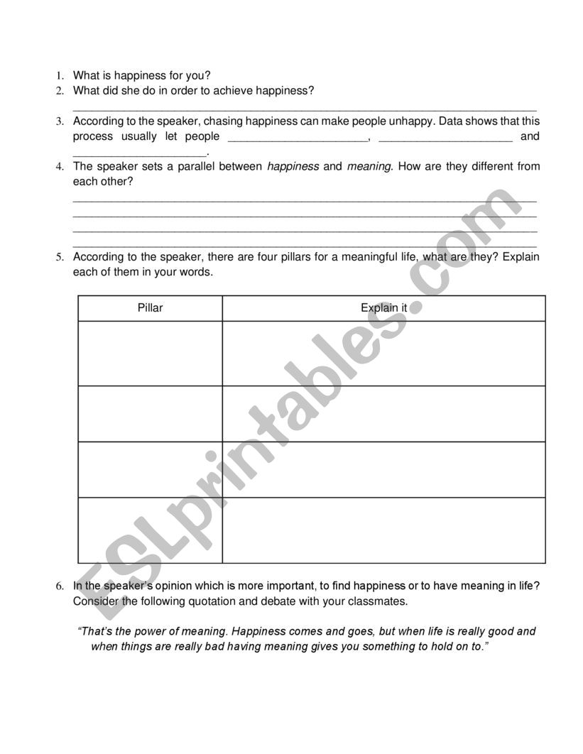 Happiness worksheet