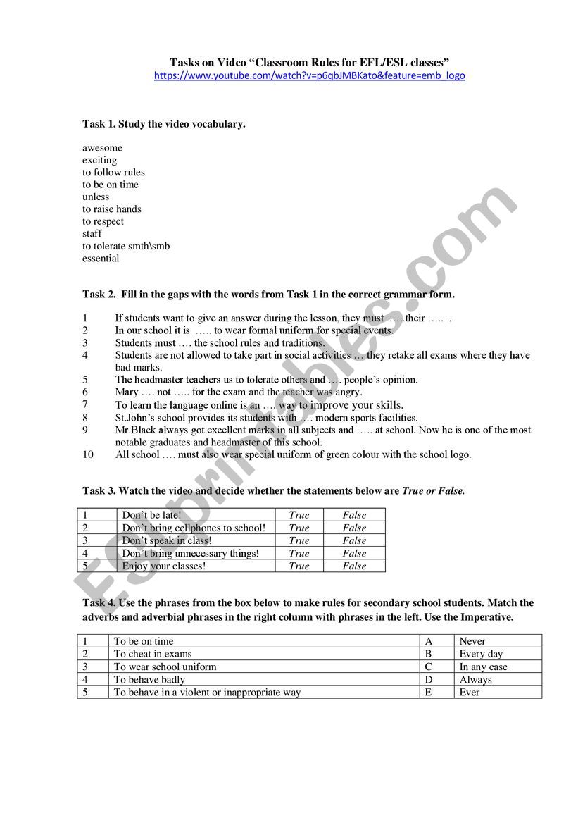 Tasks on Video_Classroom Rules for EFLESL classes