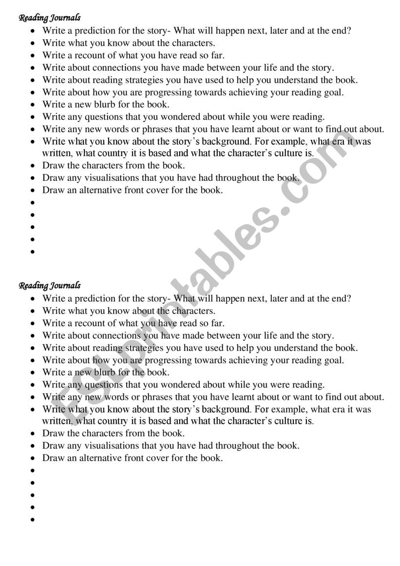 Reading Journals worksheet