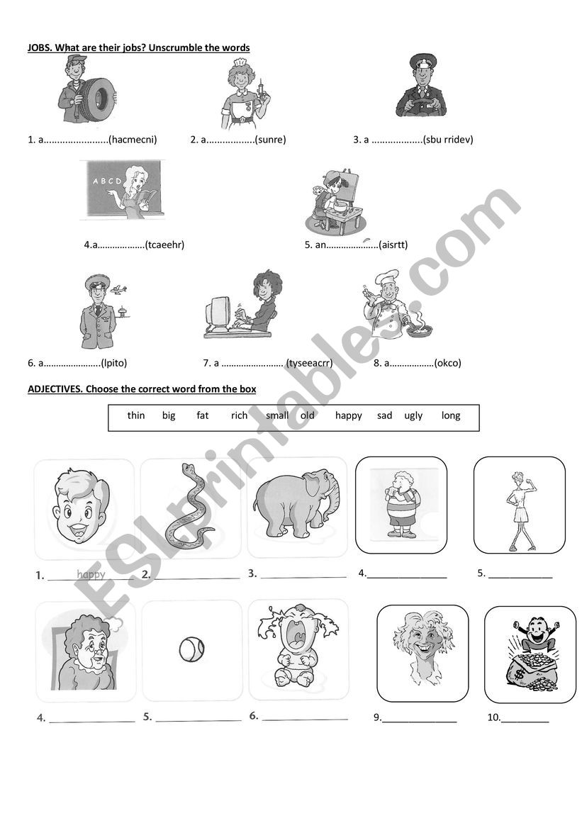 Jobs and adjectives worksheet