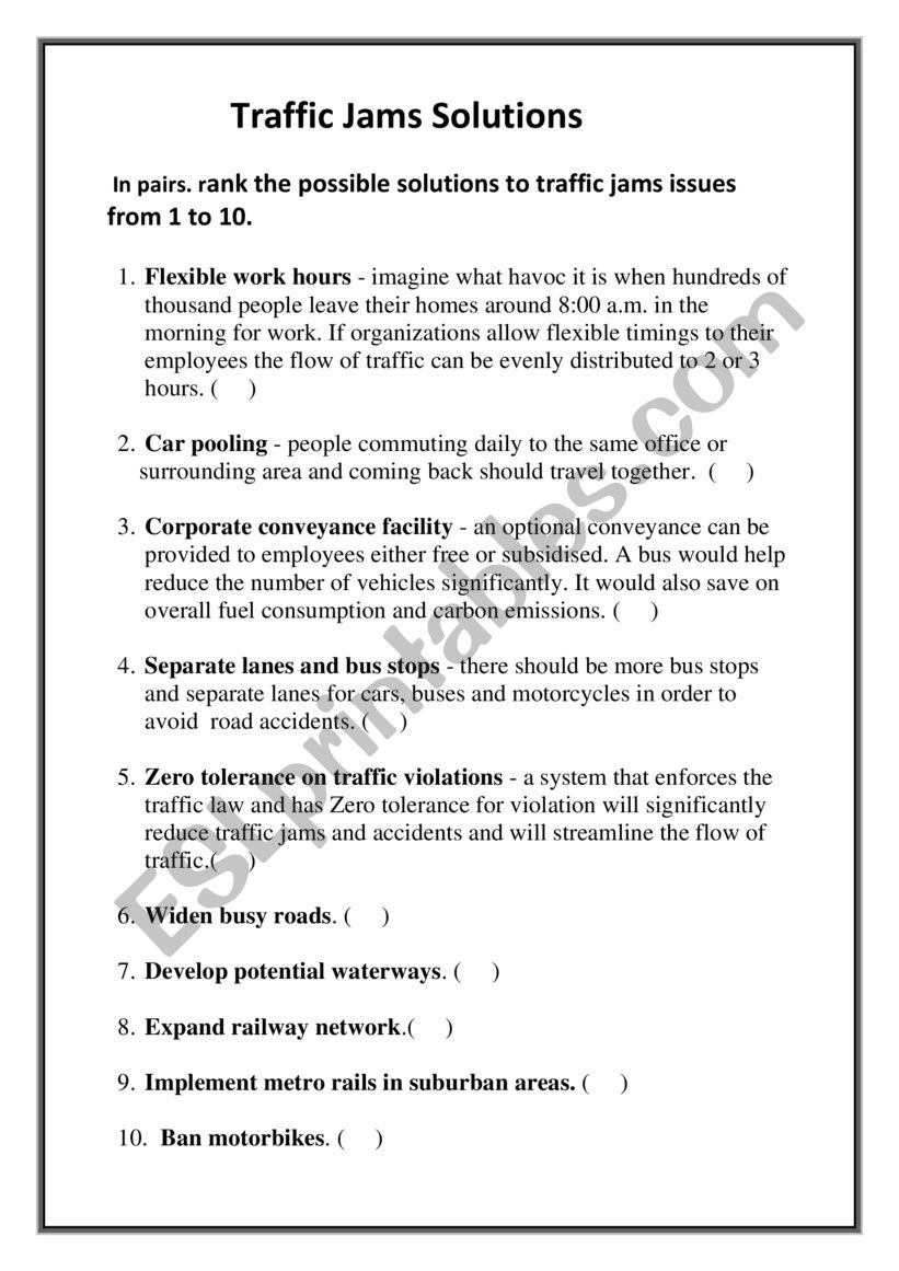 Traffic Jam Issues worksheet
