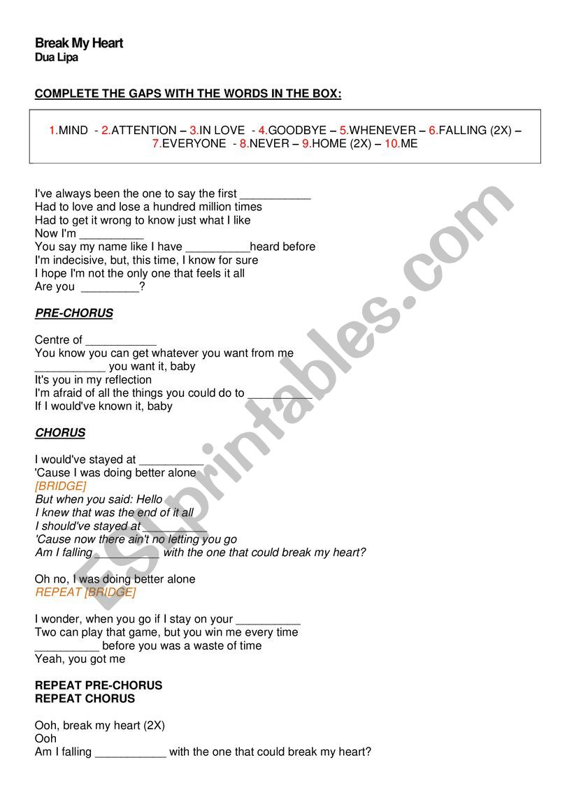 Break my heart - Dua Lipa worksheet