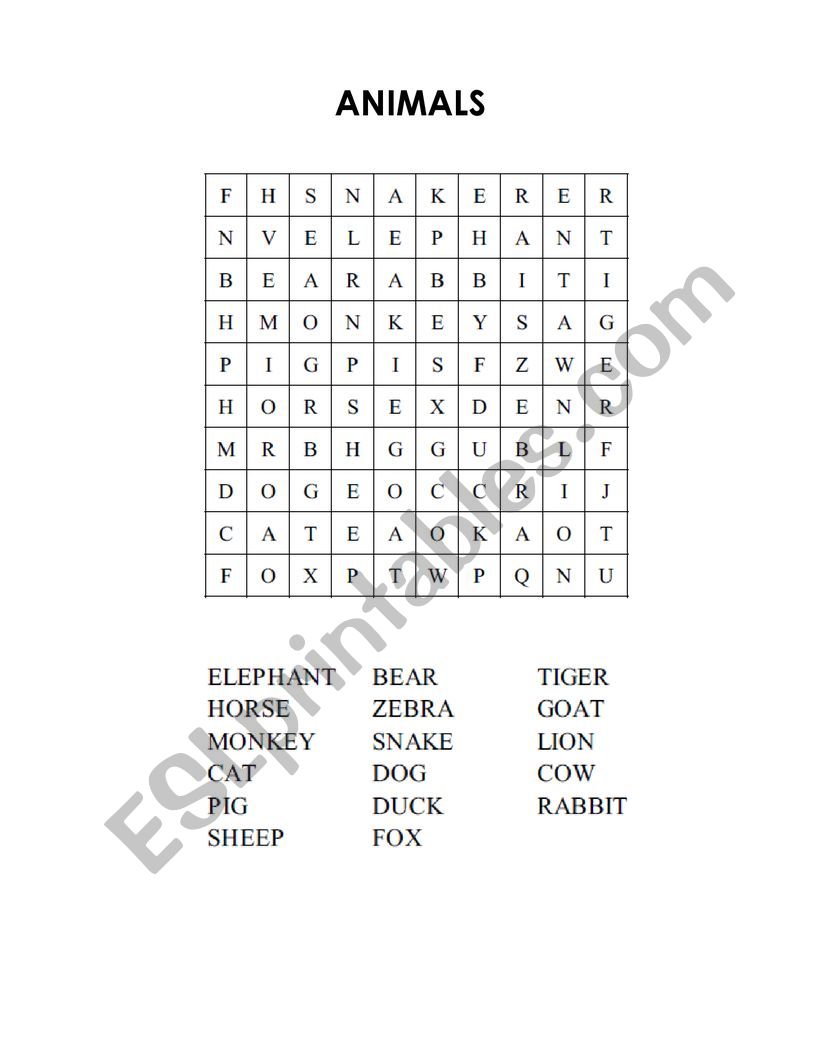 Animals - word search worksheet