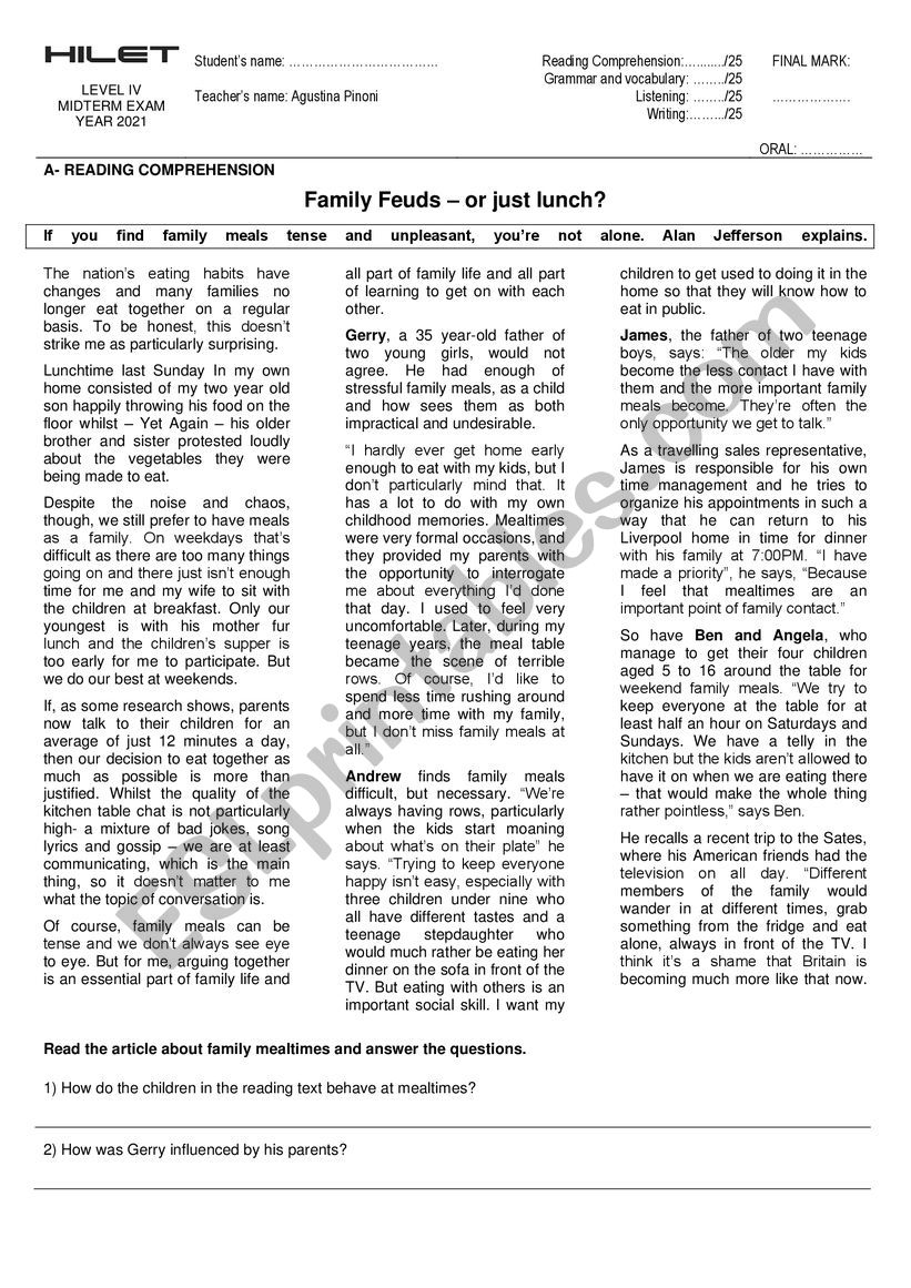 Upper-intermediate B1 Quiz Reading Listening Grammar Vocabulary Writing