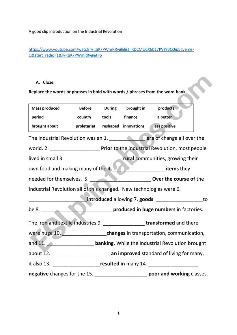 The Industrial Revolution Worksheets