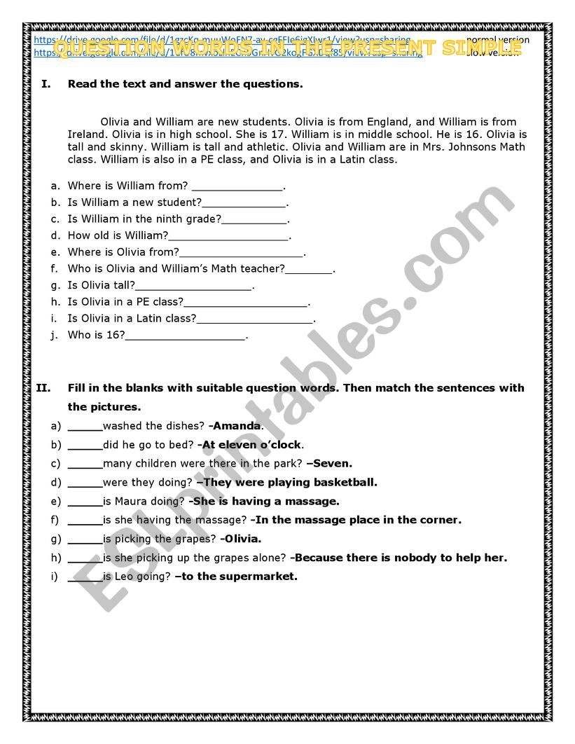 Wh questions activity worksheet