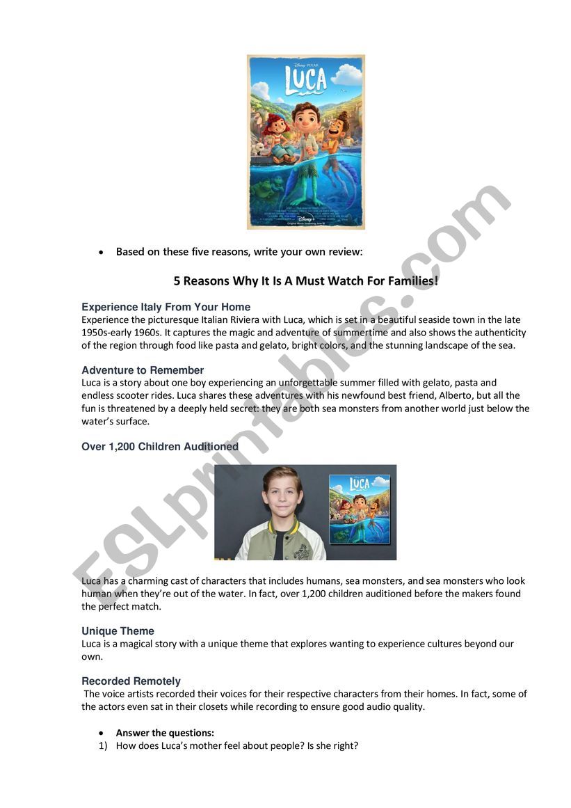 Luca (2021 Pixar movie)  worksheet